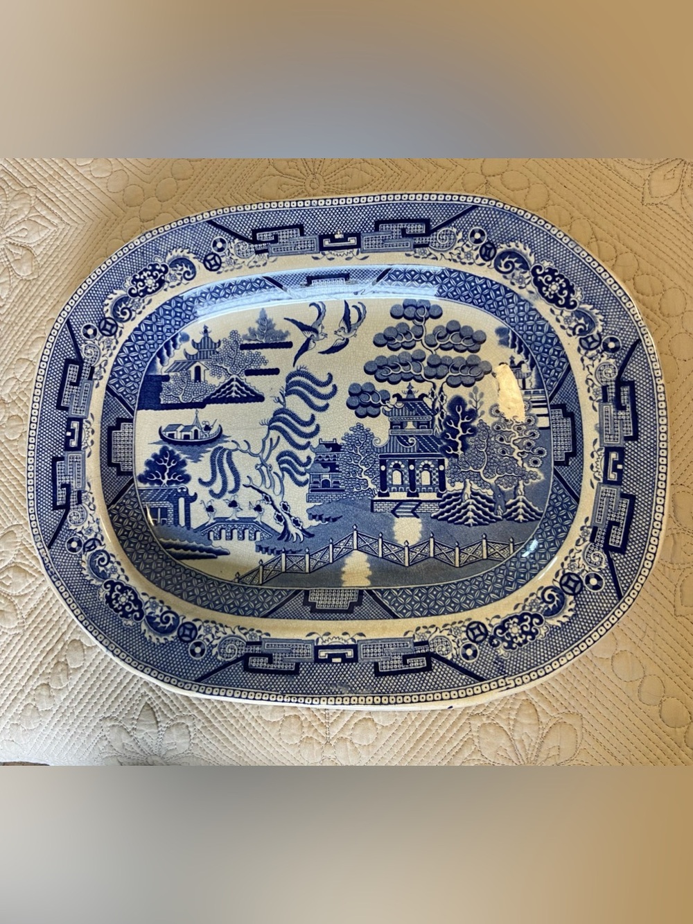 19th C.  Warranted Staffordshire BLUE WILLOW 16" Rectangular Serving Platter